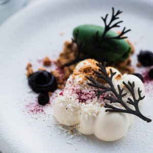 A beautifully plated dessert with delicate chocolate decorations, fresh berries, and a green sorbet – a fine example of the artistry found in MICHELIN-Starred restaurants, as recognised by The MICHELIN Guide.
