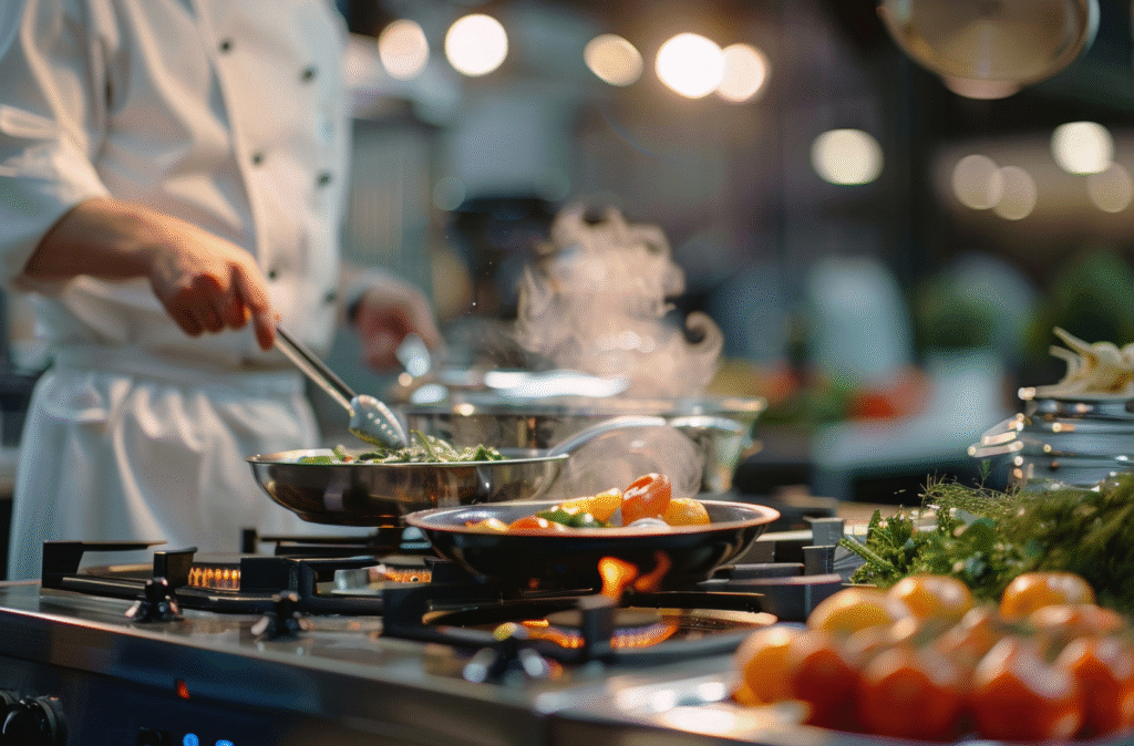 Chef plating a roast in a Skipton kitchen during peak weekend service