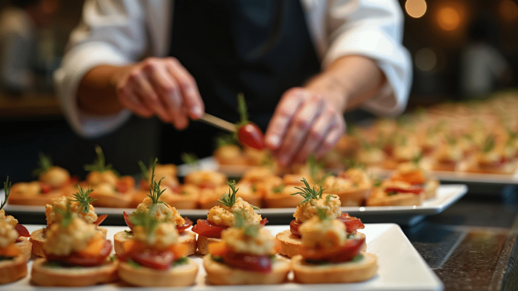 Relief chef preparing food in festive event kitchen at Lake District venue