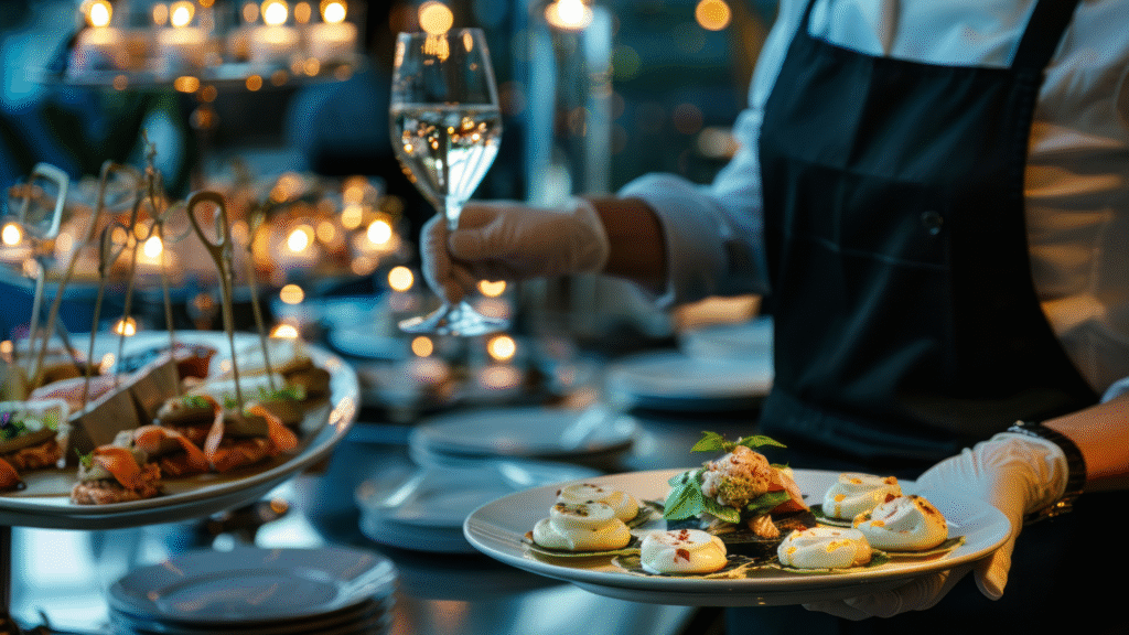 Relief hospitality staff setting up for a private festive event in Cumbria